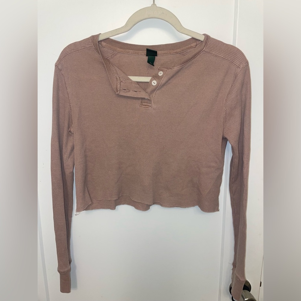 pink waffle long sleeve crop